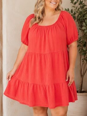 Old Navy Tiered Puff-Sleeve Swing Dress Coral Pink Boho Dress Plus Size XXL